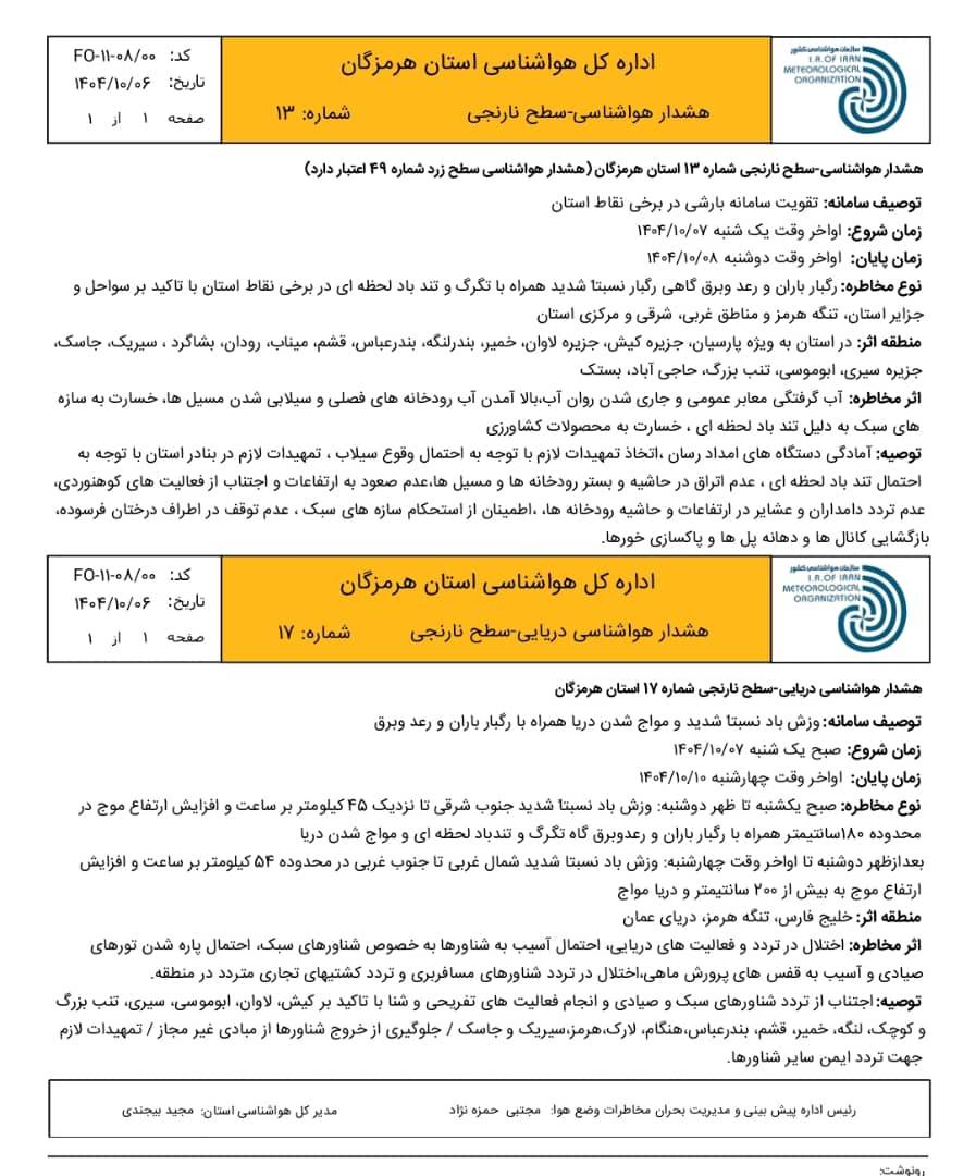 هشدار نارنجی هواشناسی: بارش شدید، وزش باد و مواج شدن دریا